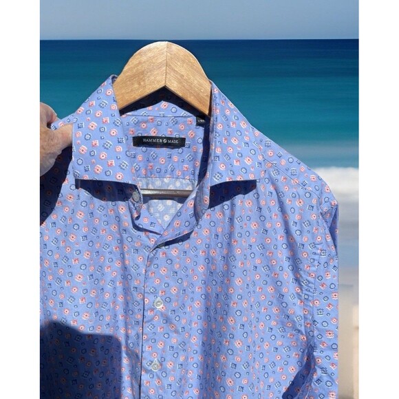 HAMMER MADE Blue Geometric Print Retro LS Shirt 100% Cotton Men's L / 16.5 - Picture 1 of 12